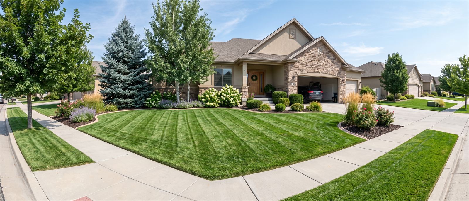 A manicured front lawn with crisp mowing stripes and a clean walkway