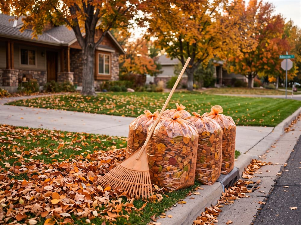 A rake beside filled paper leaf bags at the curb in autumn