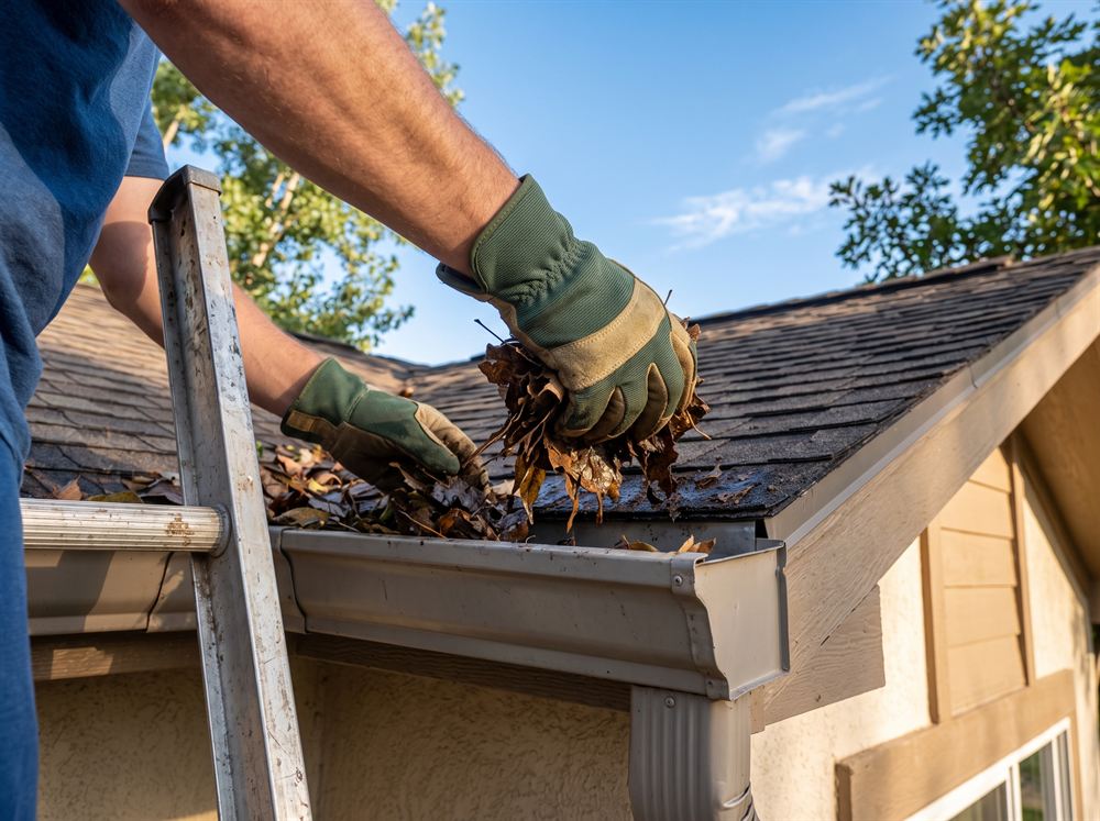 Gloved hands clearing packed leaves from a roof gutter