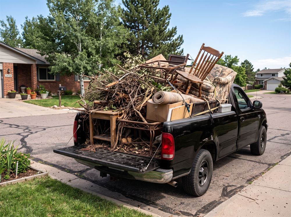 A pickup truck loaded with branches and old furniture for hauling