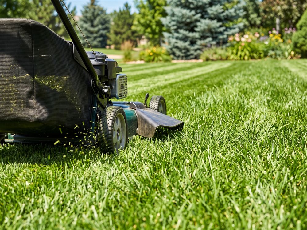A mower cutting clean stripes into a green lawn