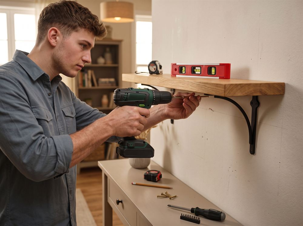 Mounting a wooden shelf bracket to a wall with a drill