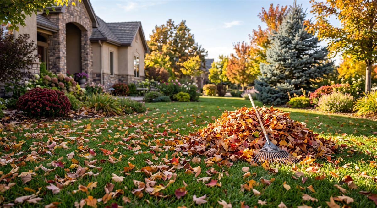 A rake resting against a pile of raked autumn leaves