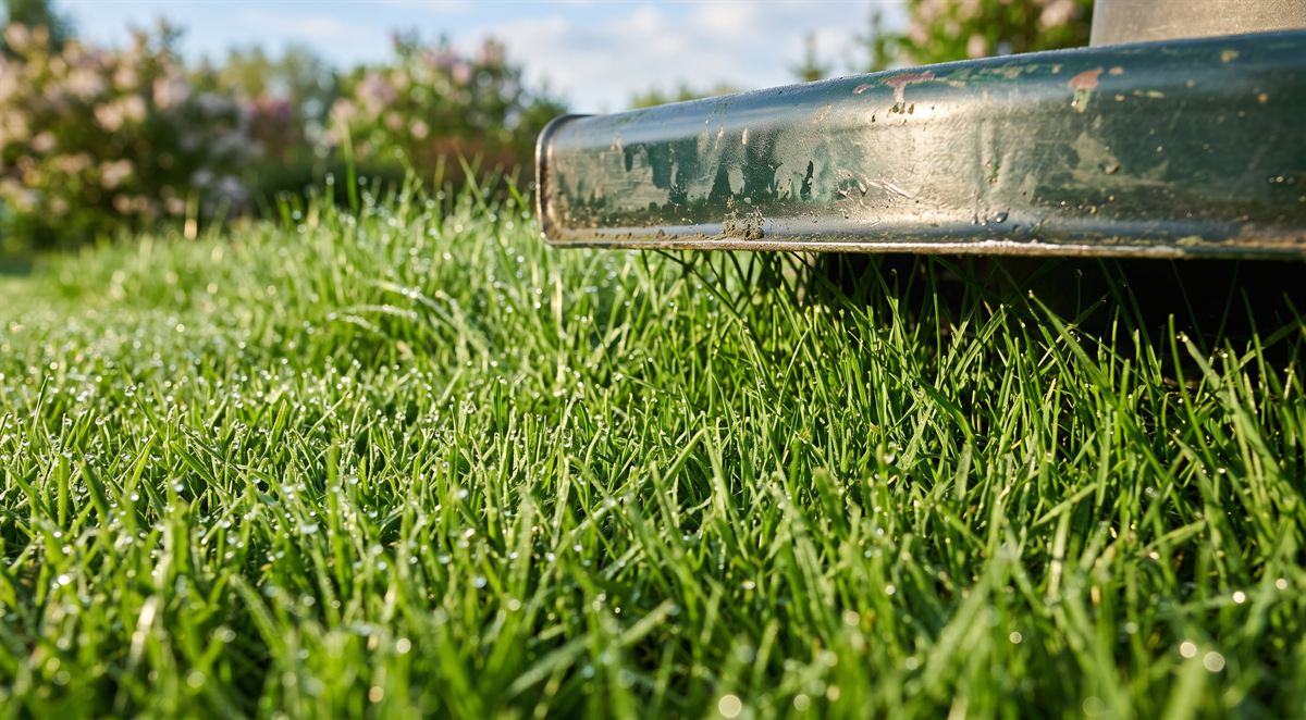 A mower set high over fresh spring grass