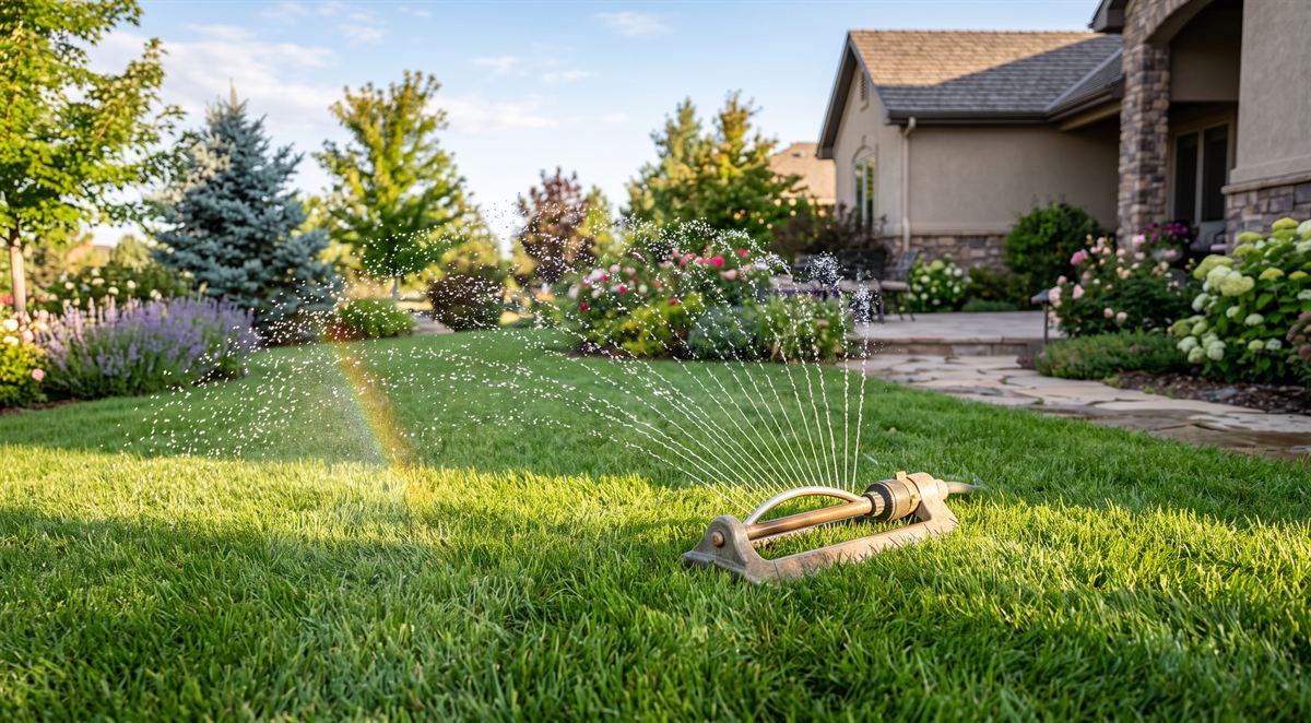 A sprinkler watering a green lawn in summer