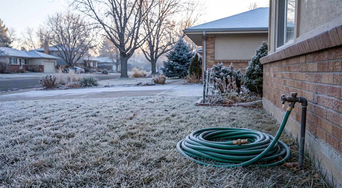 A coiled garden hose beside a frost-covered dormant lawn