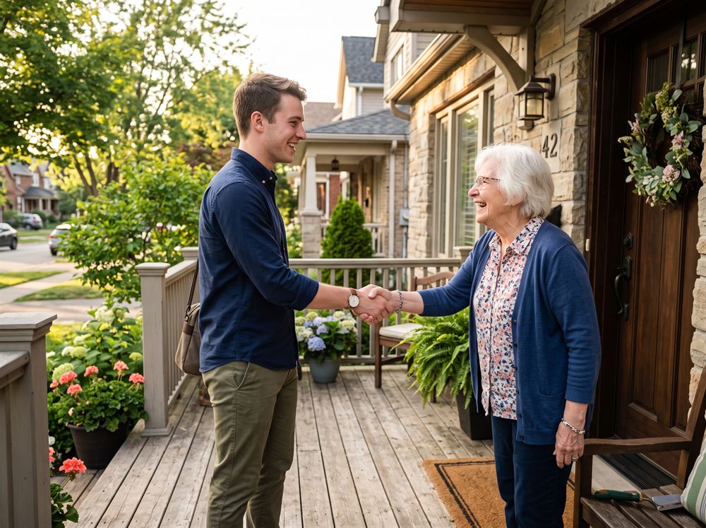 A neighbor greeting a homeowner with a handshake on her front porch